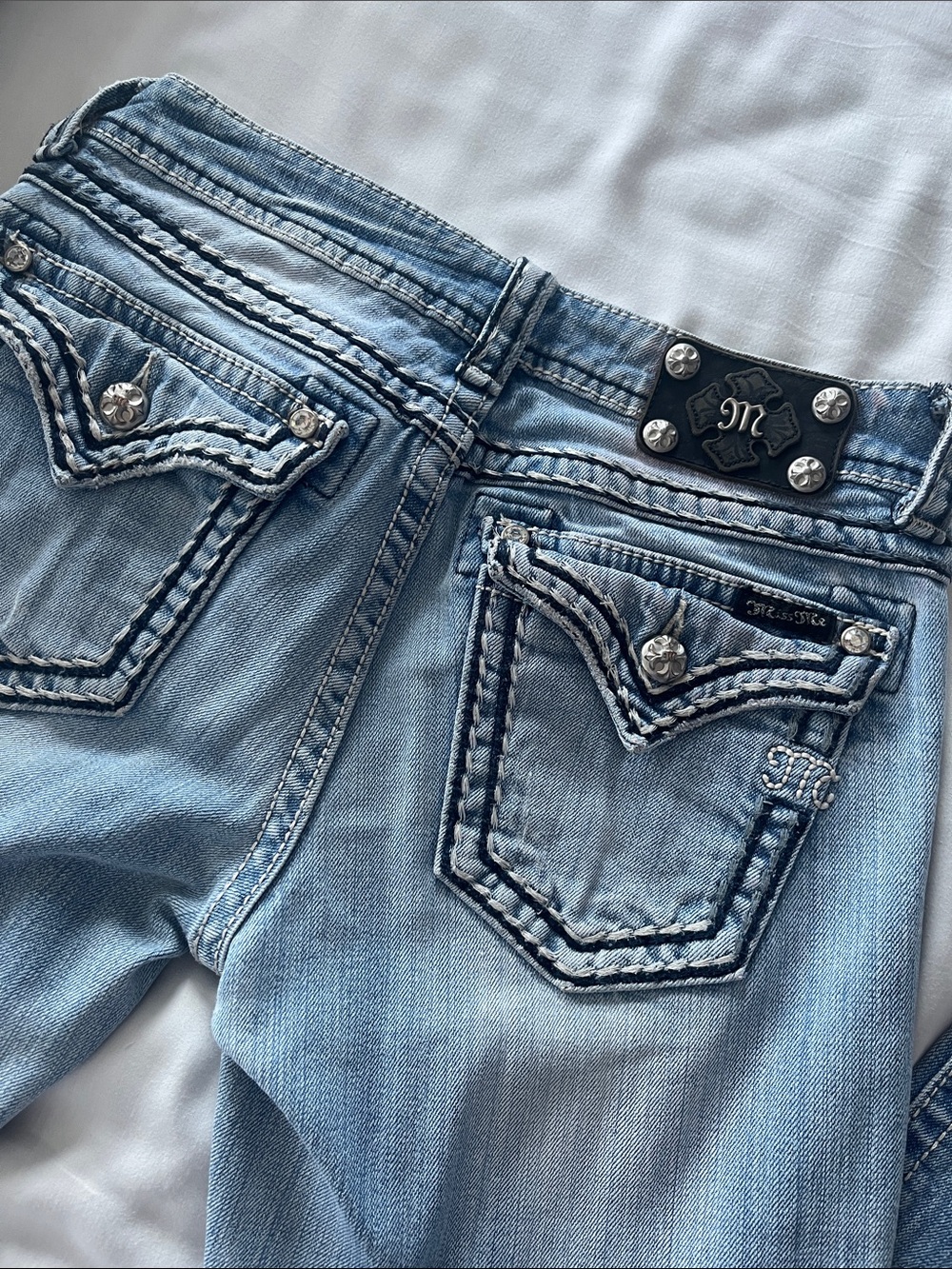 Miss Me Light Blue Embroidered Back Pocket Boot Cut Jeans